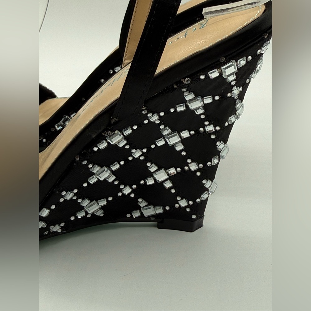 Betsey Johnson Talya Elegant Black Rhinestone Wedge Sandals Sparkly Ankle Strap - Picture 9 of 17